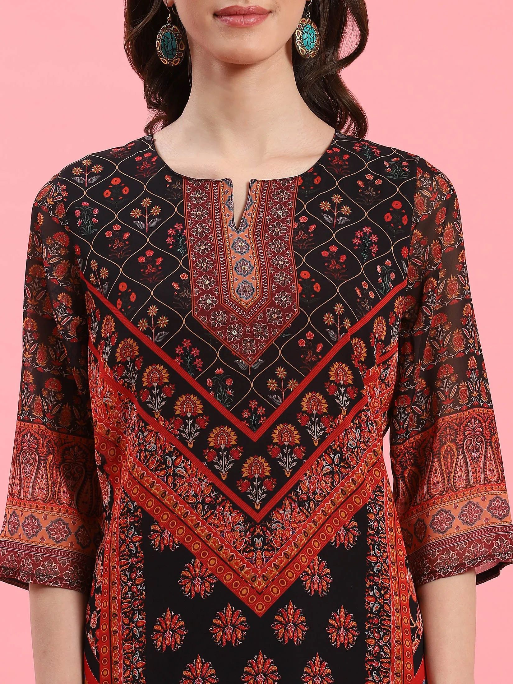 Women Black Floral Printed Kurta