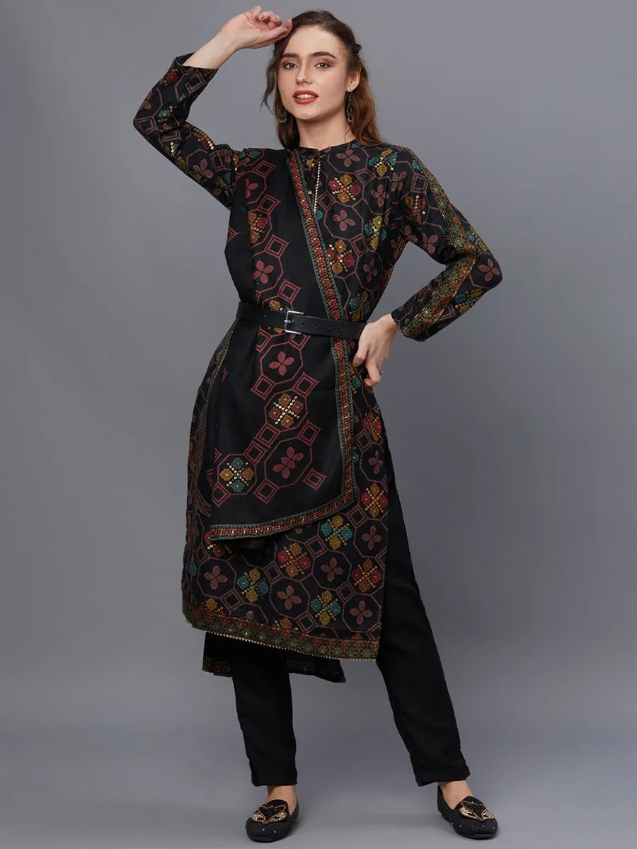 Women Black Pashmina Kurta Trouser With Shawl