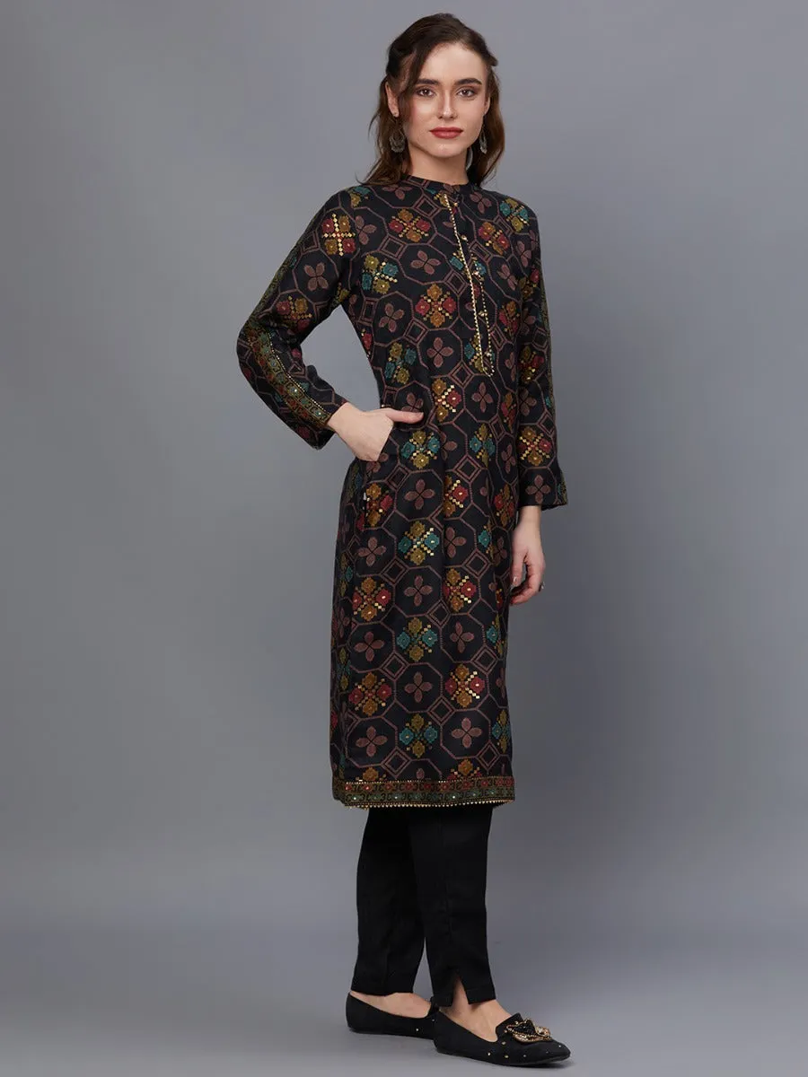 Women Black Pashmina Kurta Trouser With Shawl