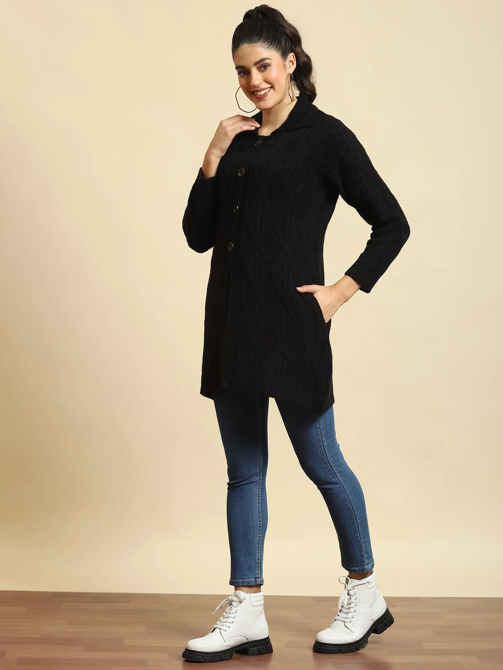 Women Black Solid Long Sweater