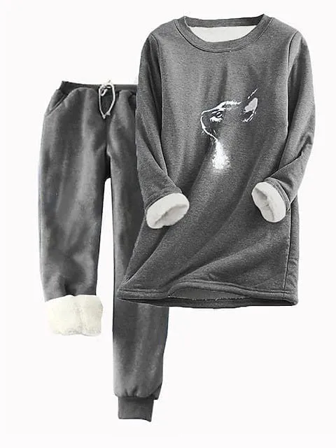 Women's Plus Size Animal Cat Print Fleece Top with Long Sleeve