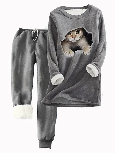 Women's Plus Size Animal Cat Print Fleece Top with Long Sleeve