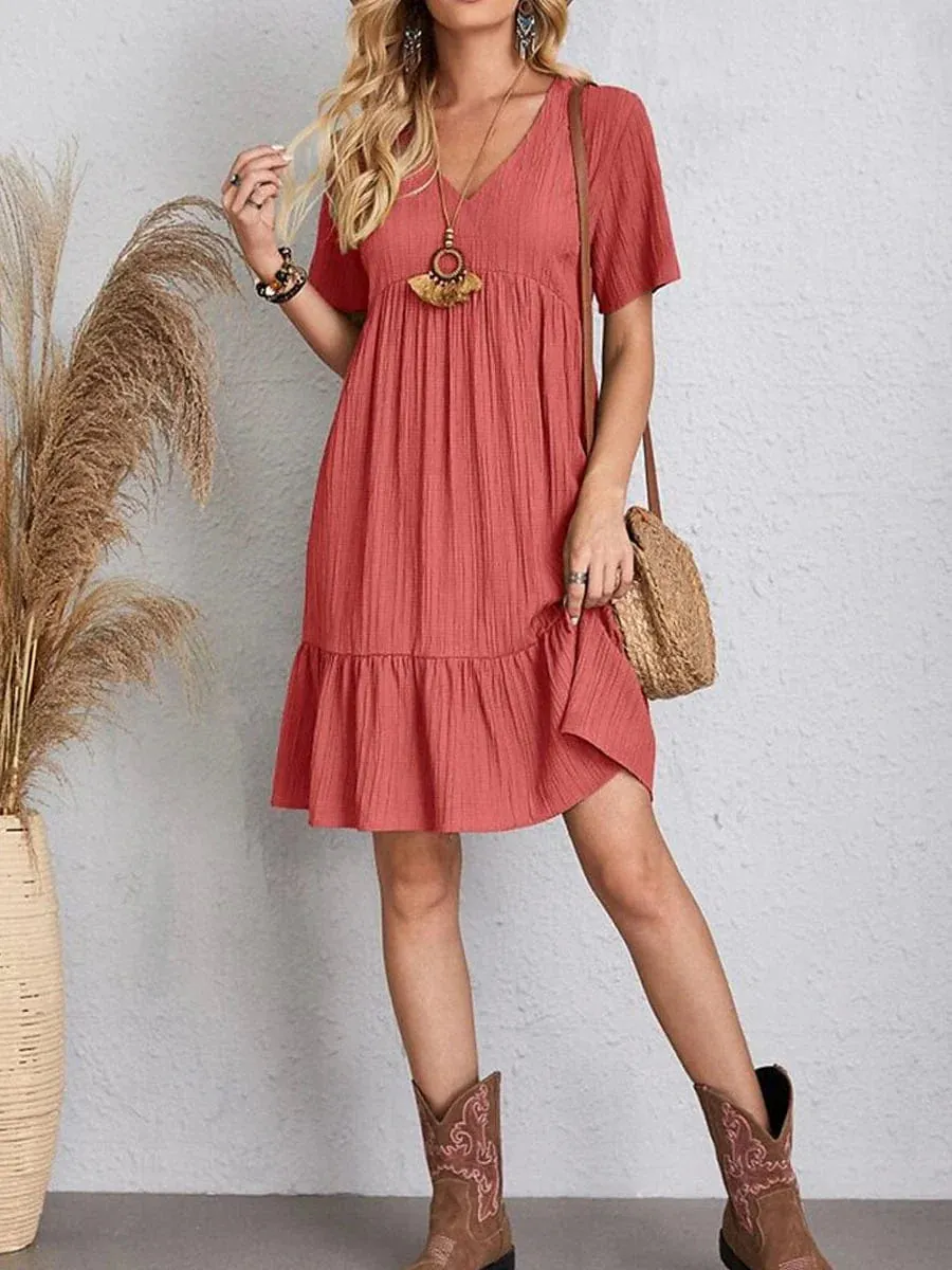 Women's Sleeveless Shift Dress with Ruffle V Neck