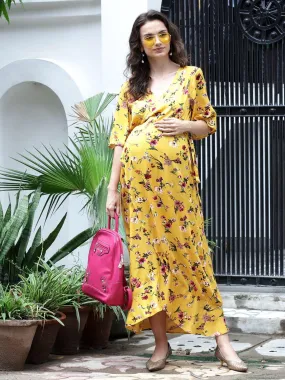 Yellow Floral Print Wrap Maternity Dress