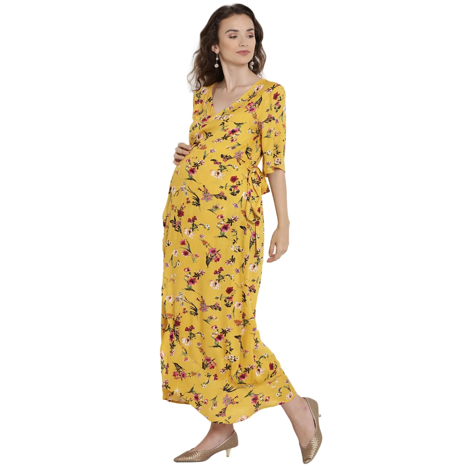 Yellow Floral Print Wrap Maternity Dress