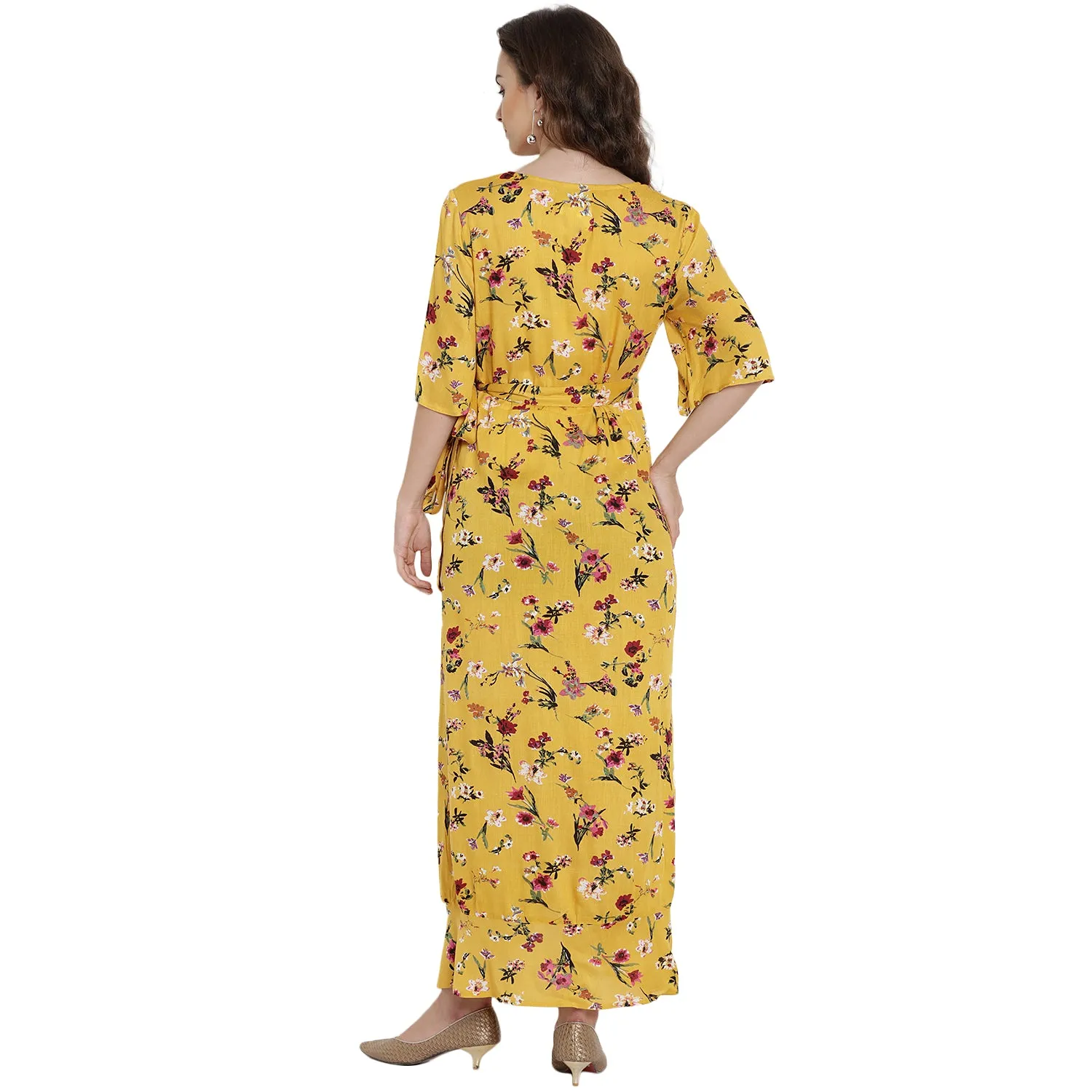 Yellow Floral Print Wrap Maternity Dress