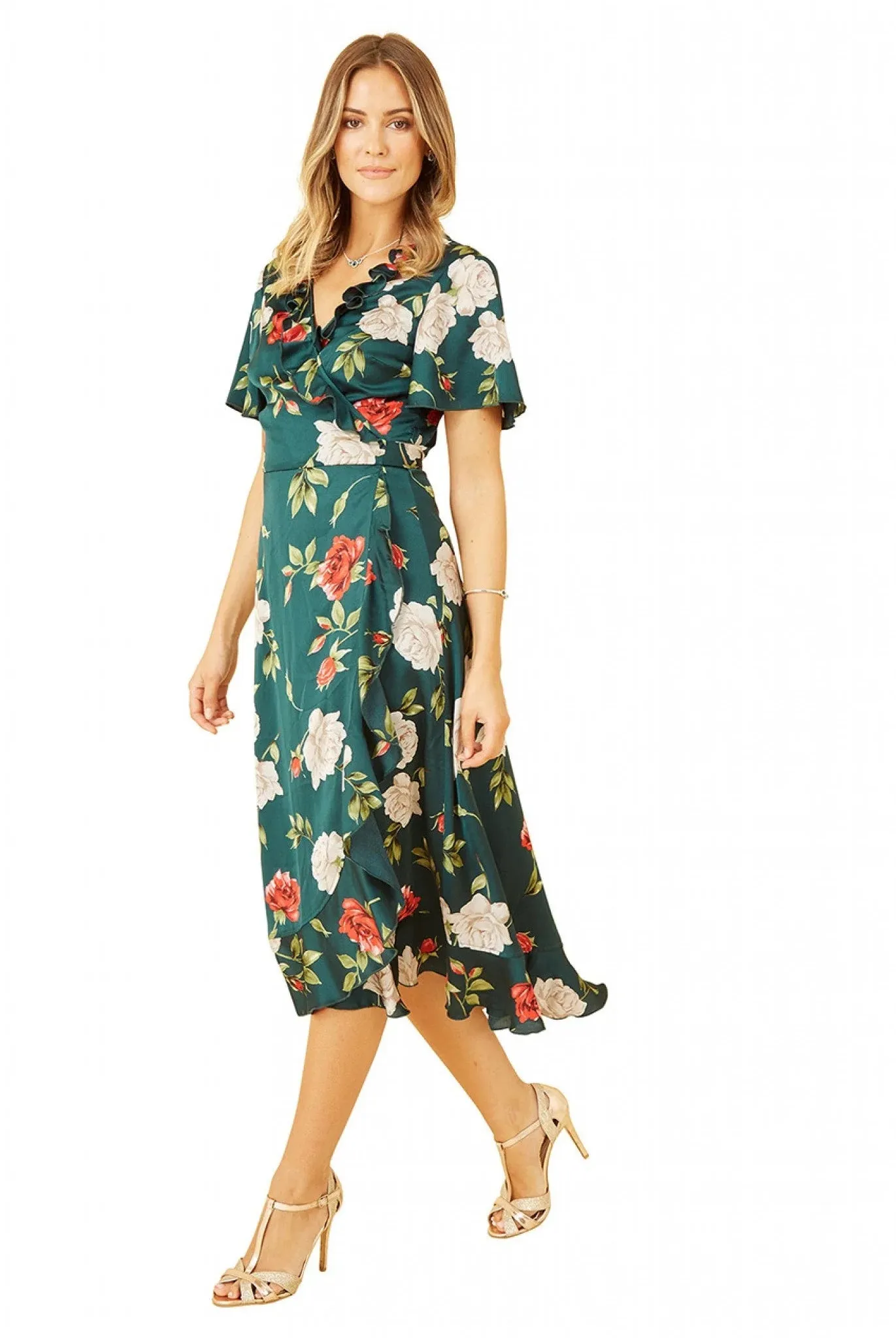 Yumi Green Satin Rose Print Wrap Dress